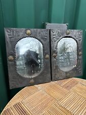 Pair Mexican Vintage Hammered Metal Naive Mirrors Scalloped Chrome Brass
