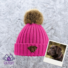 CHOCOLATE LABRADOR EMBROIDERED POM POM BEANIE ADULT ONE SIZE 6 COLOURS BROWN LAB