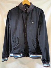 Fred Perry Bomber Jacket L Navy Stripe Trim Harrington Laurel Logo