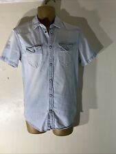 Mens Zara Eu Small Pale Blue Wash Slim Fit Short Sleeve Casual Denim Jean Shirt