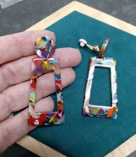 CLIP ON 6cm Multicoloured DROP EARRINGS resin SQUARE hoop 80s style