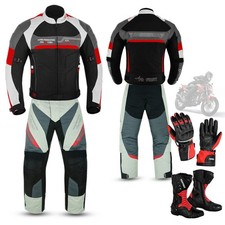 Mens Motorcycle Jacket and Trousers Leather Boots and Gloves Waterproof Suit Set