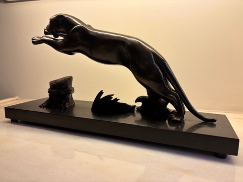 Art deco bronze leaping cat - art,