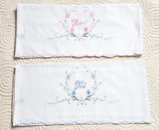 Vintage His and Hers Pink Embroidered White Cotton Pillowcase Pair Set