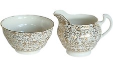 Sugar Bowl & Creamer Set VTG Crown Regent Bone China Gold Floral Gilt 1940s 50s