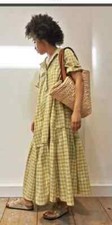 Toast Check Cotton Gathered Shirt Dress Size 12 Midi Yellow Charcoal Sleeves