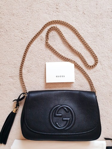 Gucci black leather gold chain - leather,