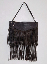 River Island Tassels Shoulder Leather Bag Brown Lined Zip Closure Boho Bohemian