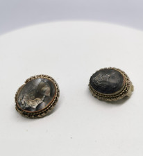 Antique Victorian 800 Silver Intaglio Cameo Mother of Pearl Clip On Earrings