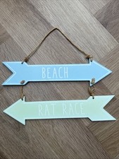Beach v Rat Race Hanging Wooden Sign Fun Arrow Plaque Holidays Weekend Shabby