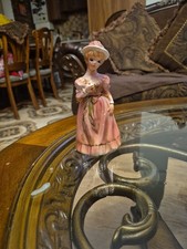 Female Figurine Ceramic Ornament of Lady - Pastel Pink / White Dress with Bonnet