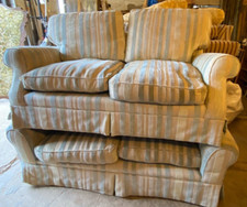 Two x 3 Seater Thick Quality Blue Green Beige Stripe Textured Upholstery Sofas