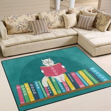 Vintage Bookshelf Kitten Cat Reading Area Rug Rugs for Living Room Bedroom 160c