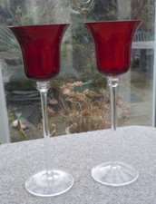 Pair Vintage Colony USA Tall Red Glass Ruby Candle Holders  23cm Stickers intact