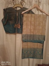 Rangoli,Half-Silk Gold&Antique-Jari Work with Ferozi Border gorgeous sari/Blouse