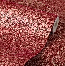 Exclusive Henna Velvet Flock Red/Gold Damask Wallpaper (J903)