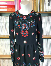 Zara Ladies XS 8 Dress Midi Embroidered Peasant Gypsy Floral Print Black