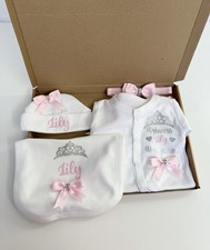 NEWBORN Baby Girl Clothes Outfit sleepsuit Hat Bib headband Personalise Princess