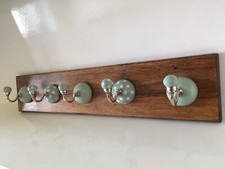Recycled Handmade Sheesham Rustic Coat Rack Rail c/w 5 Ceramic Hooks Vintage