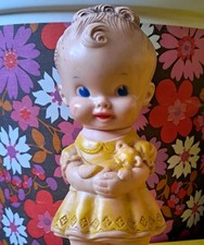 Vintage Kitsch Yellow Sun Rubber / Edward Mobley Squeak Girl Doll 50s Toy Retro