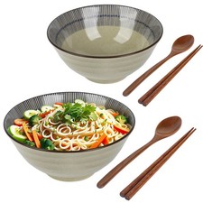 8" Ceramic Ramen Bowl Set of 2,Japanese Bowls with Spoons&Chopsticks for Noodles