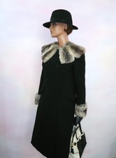Vintage Real Farmed Chinchilla Fur Collar Cuffs Black Wool Coat Jacket 8 - 10 /S
