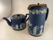 Wedgwood Navy Blue Jasperware Tea Pot Milk Jug with Flip Lid VGC Vintage