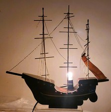 Rare Vintage SANTA MARIA Large Wooden w Brass Masts Ship Lamp