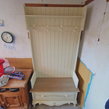 Rustic Ivory Cream Hall Hallway Monk Bench With Storage Drawer & Coat Hooks