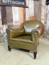 ? Antique Edwardian Green Leather Armchair, c.1930