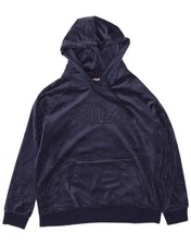 FILA Womens Graphic Velour Hoodie Jumper UK 18 XL Navy Blue Polyester SC11