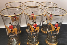 6x Vintage pilsner beer glasses Fox Hunting Scene equestrian 'pinks' gold trim