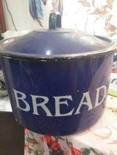 Vintage Large Round Blue Enamel Bread Bin Kitchenalia Decor Display MCM