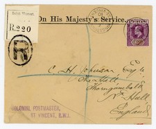 P94/18 ST VINCENT 1910 OHMS REGISTERED COVER 6d ED VII CAT £50 USED