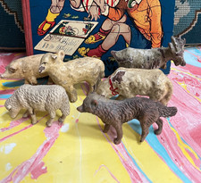 ANTIQUE 6 LARGE GERMAN PUTZ COMPOSITION/ELASTOLIN FOLK ART FARM ANIMALS/WOLF/DOG