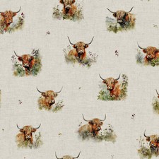 Upholstery Fabric - Highland Cows Natural Linen Look Craft Fabric Material