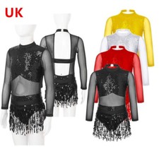 UK Girl Splice Dance Unitard Sparkle Sequins Tassel Hem Leotard Dress Dancewear 