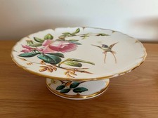 Antique Victorian Comport / Cake Stand. Hand Painted. Floral Motif & Hummingbird