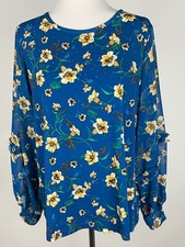 SUSAN GRAVER 'Floral Liquid Knit Sparkle Top w/Chiffon Blouson Sleeves'- L, Blue