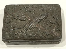 Japanese Vintage Metal Jewellery Trinket Box Silk Blossom Peacock Tabacco Box