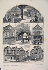 Original Old Antique Print Chester Rows Bishops House Ruins St Johns Chapel