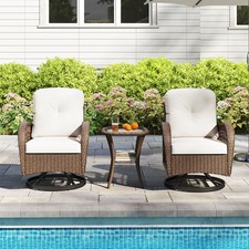 GAINOOM 3 Pcs White Patio Rattan Bistro Set 360° Swivel Outdoor Rocking Chairs