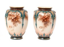 Pair of Antique Worcester Hadley China Hand Painted Monochrome Vases c1900