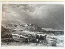 Cullercoats View of the Port/Harbour - Mounted Antique Print Circa 1841