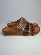 Pavers Womens Sandals Leather Flip Flops Sliders Brown Beige UK Size 8 41 Wedge