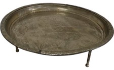 Large Moroccan Brass Serving Tray Tea Table Legs Decorative Etched Round Design
