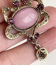 Vintage Rare Pink Oval Cabochon And Rhinestone Brooch By Exquisite