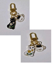 Two Cats Handbag Charm, Keyring, Black, White Cat, Floral, Tea Cup, New