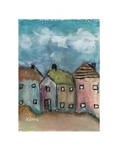 Aceo By Kenna Painting Art Card  Village Of Houses Original  2.5” X 3.5”