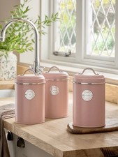 Next Set of 3 Pink Badge Tea Coffee Sugar Metal Storage Tins Jars New & Boxed 